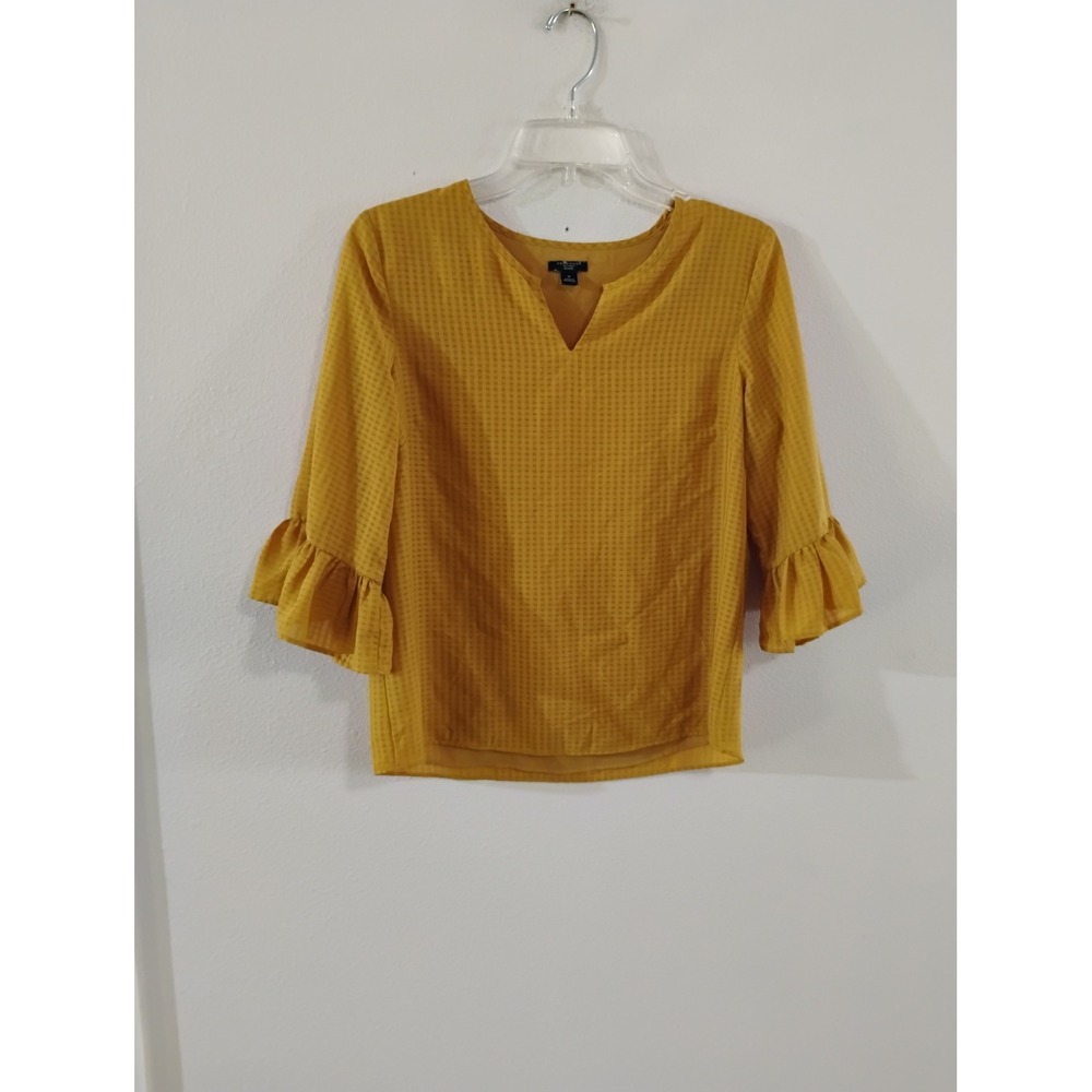 Ann Taylor Factory Mustard Yellow Jacquard Ruffle Sleeve Blouse Petite Small